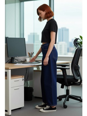 FRM Kadın Koyu Yüksek Bel Baggy Fit Jean Pantolon Fonksiyonel Dayanıklı Kaliteli Konforlu Spor