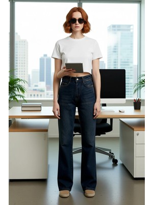 FRM Kadın Koyu Geniş Paça Yüksek Bel Jean Fonksiyonel Dayanıklı Kaliteli Konforlu Estetik Spor