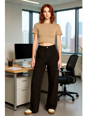 FRM Kadin Leopar Desenli Wide Leg Pantolon Fonksiyonel Dayanıklı Kaliteli Konforlu Estetik Şık