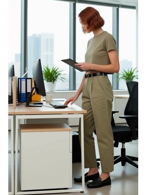 FRM Kadın Haki Yüksek Bel Kemerli Boru Paça Pantolon Fonksiyonel Dayanıklı Kaliteli Konforlu Şık