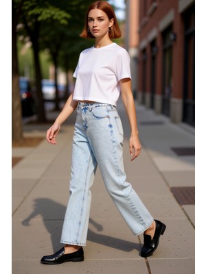 PayBuy Kadın Açık Yüksek Bel Düz Kesim Denim Pantolon Fonksiyonel Dayanıklı Kaliteli Konforlu Şık