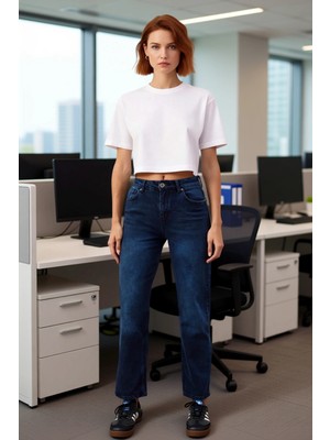 FRM Kadın Comfort Fit Yüksek Bel Koyu Denim Pantolon Fonksiyonel Dayanıklı Kaliteli Konforlu Şık