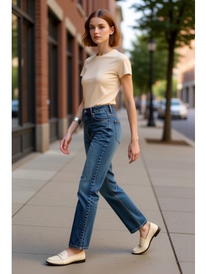 PayBuy Açık Yüksek Bel Düz Kesim Denim Pantolon Kadın Fonksiyonel Dayanıklı Kaliteli Konforlu Şık