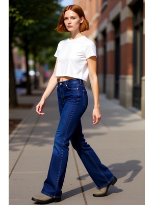 PayBuy Kadın Koyu Yüksek Bel Ispanyol Paça Denim Pantolon Fonksiyonel Dayanıklı Kaliteli Konforlu