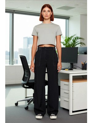 FRM Kadın Yüksek Bel Geniş Paça Dokuma Kargo Pantolon Fonksiyonel Dayanıklı Kaliteli Konforlu Şık