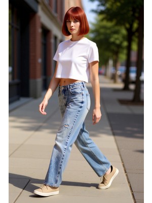 PayBuy Kadın Yırtık Detaylı Yüksek Bel Straight Jean Pantolon Fonksiyonel Dayanıklı Kaliteli Spor