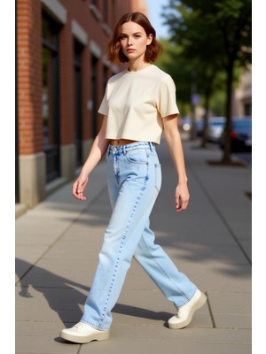 PayBuy Kadın Açık Yüksek Bel Straight Kesim Denim Pantolon Fonksiyonel Dayanıklı Kaliteli Estetik