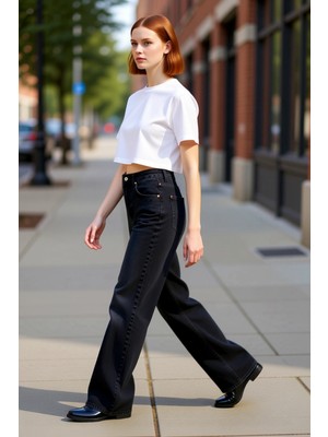 PayBuy Kadın Yüksek Bel Geniş Paça Denim Pantolon Fonksiyonel Dayanıklı Kaliteli Konforlu Estetik