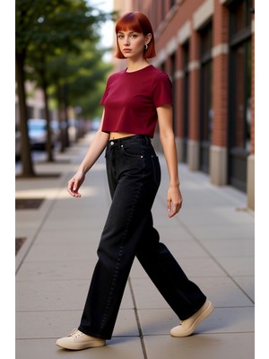 PayBuy Kadın Açık Yüksek Bel Geniş Paça Denim Pantolon Fonksiyonel Dayanıklı Kaliteli Konforlu Şık