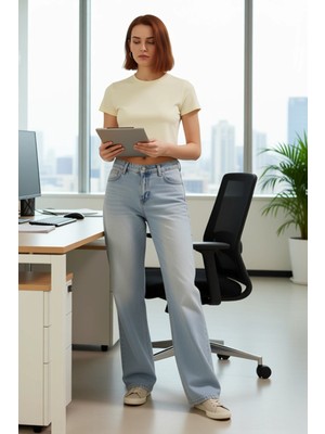 FRM Kadın Antrasit Geniş Paça Düşük Bel Denim Pantolon Fonksiyonel Dayanıklı Kaliteli Konforlu