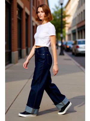 PayBuy Kadın Koyu Wide Leg Jean Pantolon Paça Katlamalı Normal Bel Fonksiyonel Dayanıklı Kaliteli