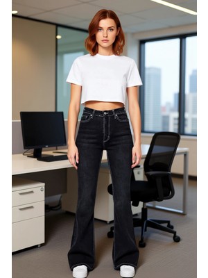 FRM Kadın Flare Kesim Yüksek Bel Jean Pantolon Fonksiyonel Dayanıklı Kaliteli Konforlu Estetik