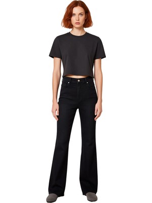 Ersefa Kadın Koyu Yüksek Bel Geniş Paça Denim Pantolon Fonksiyonel Dayanıklı Kaliteli Konforlu Şık