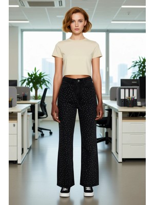 FRM Kadın Parlak Taşlı Wide Leg Denim Pantolon Fonksiyonel Dayanıklı Kaliteli Konforlu Estetik