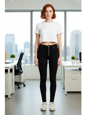 FRM Kadın Yüksek Bel Düğmeli Skinny Fit Jean Fonksiyonel Dayanıklı Kaliteli Konforlu Estetik Şık
