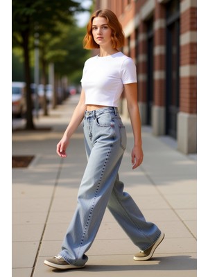 PayBuy Genç Kadın Yüksek Bel Geniş Paça Kot Pantolon Fonksiyonel Dayanıklı Kaliteli Konforlu Spor