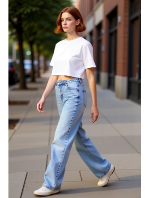 PayBuy Kadın Açık Yüksek Bel Geniş Paça Denim Pantolon Fonksiyonel Dayanıklı Kaliteli Konforlu Şık