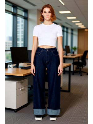 FRM Kadın Koyu Wide Leg Jean Paça Katlamalı Normal Bel Denim Fonksiyonel Dayanıklı Kaliteli Şık