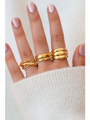 Trend Collection Gold Dalga Form 3’lü Kadın Yüzük Seti – Ayarlanabilir Model