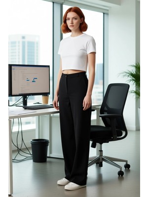 FRM Kadın Wide Leg Dokuma Kumaş Yüksek Bel Pantolon Fonksiyonel Dayanıklı Kaliteli Konforlu Şık