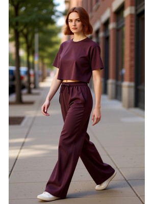 PayBuy Kadın Mürdüm Geniş Paça Pantolon Günlük Kullanım Için Fonksiyonel Dayanıklı Kaliteli Rahat