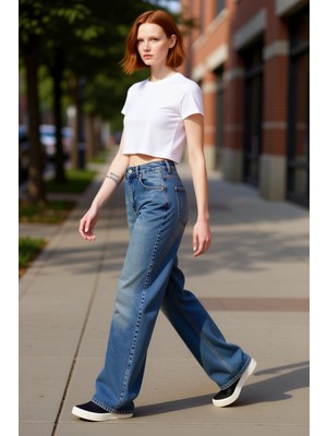 PayBuy Kadın Geniş Paça Yüksek Bel Denim Pantolon Fonksiyonel Dayanıklı Kaliteli Konforlu Estetik