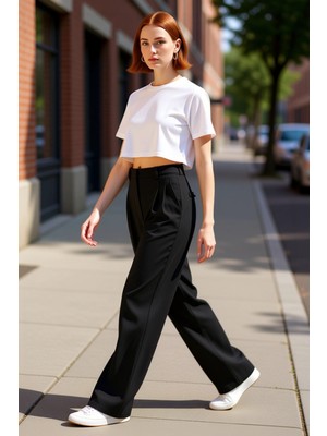 PayBuy Kadın Düz Kesim Yüksek Bel Dokuma Kumaş Pantolon Fonksiyonel Dayanıklı Kaliteli Konforlu Şık