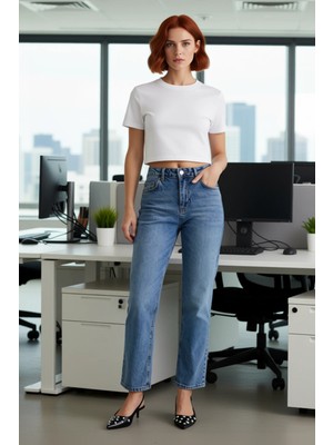 FRM Kadın Düz Kesim Yüksek Bel Denim Pantolon Fonksiyonel Dayanıklı Kaliteli Konforlu Estetik Şık