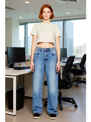 FRM Kadın Açık Yüksek Bel Straight Boru Paça Denim Pantolon Fonksiyonel Dayanıklı Kaliteli Şık