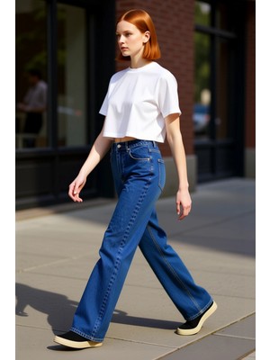 PayBuy Kadın Açık Yüksek Bel Geniş Paça Denim Pantolon Fonksiyonel Dayanıklı Kaliteli Konforlu Şık
