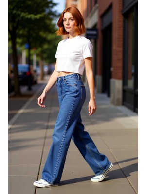 PayBuy Kadın Açık Yüksek Bel Geniş Paça Denim Pantolon Fonksiyonel Dayanıklı Kaliteli Konforlu Şık