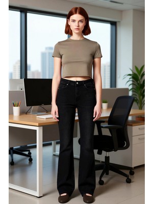 FRM Kadın Comfort Esnek Ispanyol Paça Kot Pantolon Koyu Fonksiyonel Dayanıklı Kaliteli Estetik