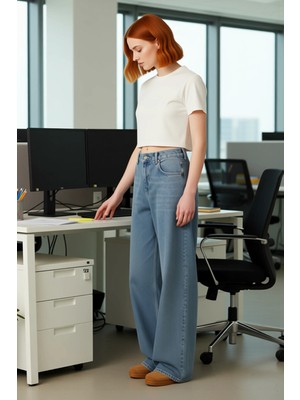 FRM Kadın Yüksek Bel Geniş Paça Wide Leg Jean Fonksiyonel Dayanıklı Kaliteli Konforlu Estetik Şık