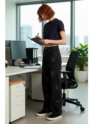 FRM Kadın Taşlı Wide Leg Yüksek Bel Jean Fonksiyonel Dayanıklı Kaliteli Konforlu Estetik Rahat