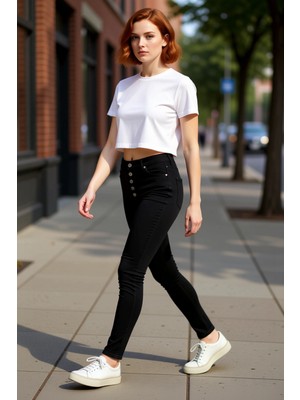 PayBuy Kadın Yüksek Bel Düğmeli Skinny Jean Pantolon Fonksiyonel Dayanıklı Kaliteli Konforlu Spor