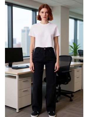 FRM Kadın Denim Geniş Paça Pantolon Yüksek Bel Fonksiyonel Dayanıklı Kaliteli Konforlu Estetik