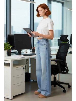 FRM Kadın Antrasit Wide Leg Yüksek Bel Denim Pantolon Fonksiyonel Dayanıklı Kaliteli Konforlu Şık