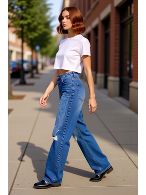 PayBuy Kadın Yırtıklı Wide Leg Jean Pantolon Fonksiyonel Dayanıklı Kaliteli Konforlu Estetik Spor