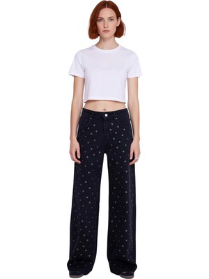 Ersefa Genç Kadın Desenli Yüksek Bel Geniş Bacak Kot Pantolon Fonksiyonel Dayanıklı Kaliteli Spor