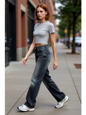 PayBuy Kadın Antrasit Wide Leg Denim Pantolon Fonksiyonel Dayanıklı Kaliteli Konforlu Estetik Şık