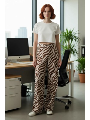 FRM Cool & Comfort Zebra Desenli Kadın Wide Leg Pantolon Fonksiyonel Dayanıklı Kaliteli Modern