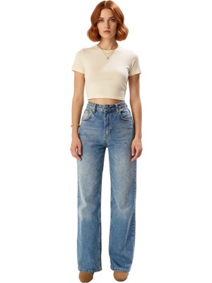 Ersefa Kadın Yüksek Bel Geniş Paça Kot Pantolon Fonksiyonel Dayanıklı Kaliteli Konforlu Estetik Şık