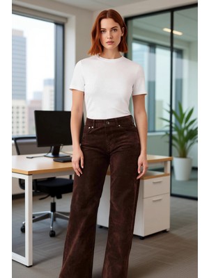 FRM Kadın Geniş Bacak Korduroy Pantolon Fonksiyonel Dayanıklı Kaliteli Konforlu Estetik Modern