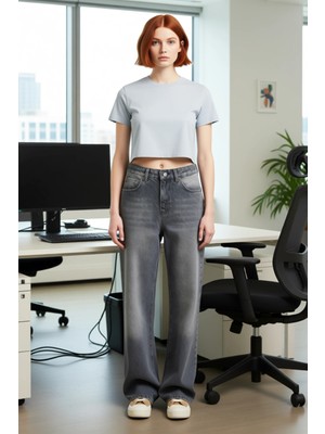 FRM Kadın Antrasit Wide Leg Denim Pantolon Fonksiyonel Dayanıklı Kaliteli Konforlu Estetik Şık