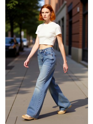 PayBuy Kadın Yüksek Bel Geniş Paça Kesimli Denim Pantolon Fonksiyonel Dayanıklı Kaliteli Konforlu