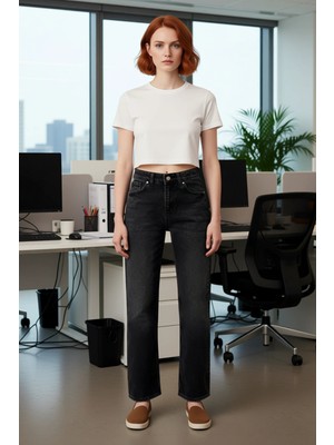 FRM Kadın Antrasit Düz Desen Wide Leg Jean Pantolon Fonksiyonel Dayanıklı Kaliteli Konforlu Şık