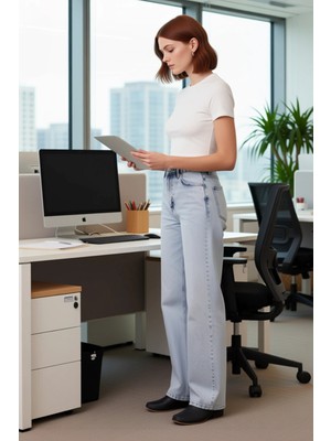 FRM Kadın Açık Yüksek Bel Bol Kesim Denim Pantolon Fonksiyonel Dayanıklı Kaliteli Konforlu Şık