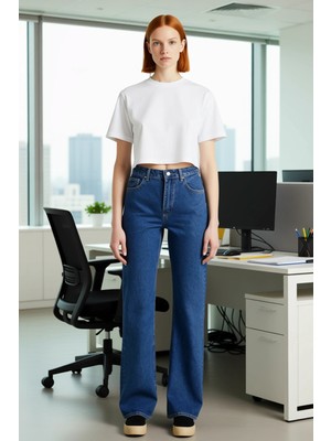 FRM Kadın Açık Wide Leg Jean Pantolon Yüksek Bel Fonksiyonel Dayanıklı Kaliteli Konforlu Rahat