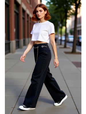 PayBuy Genç Kadın Wide Leg Jean Zincir Detaylı Yüksek Bel Pantolon Fonksiyonel Dayanıklı Kaliteli