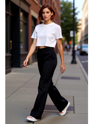 PayBuy Kadın Yüksek Bel Flare Dokuma Pantolon Fonksiyonel Dayanıklı Kaliteli Konforlu Estetik Şık